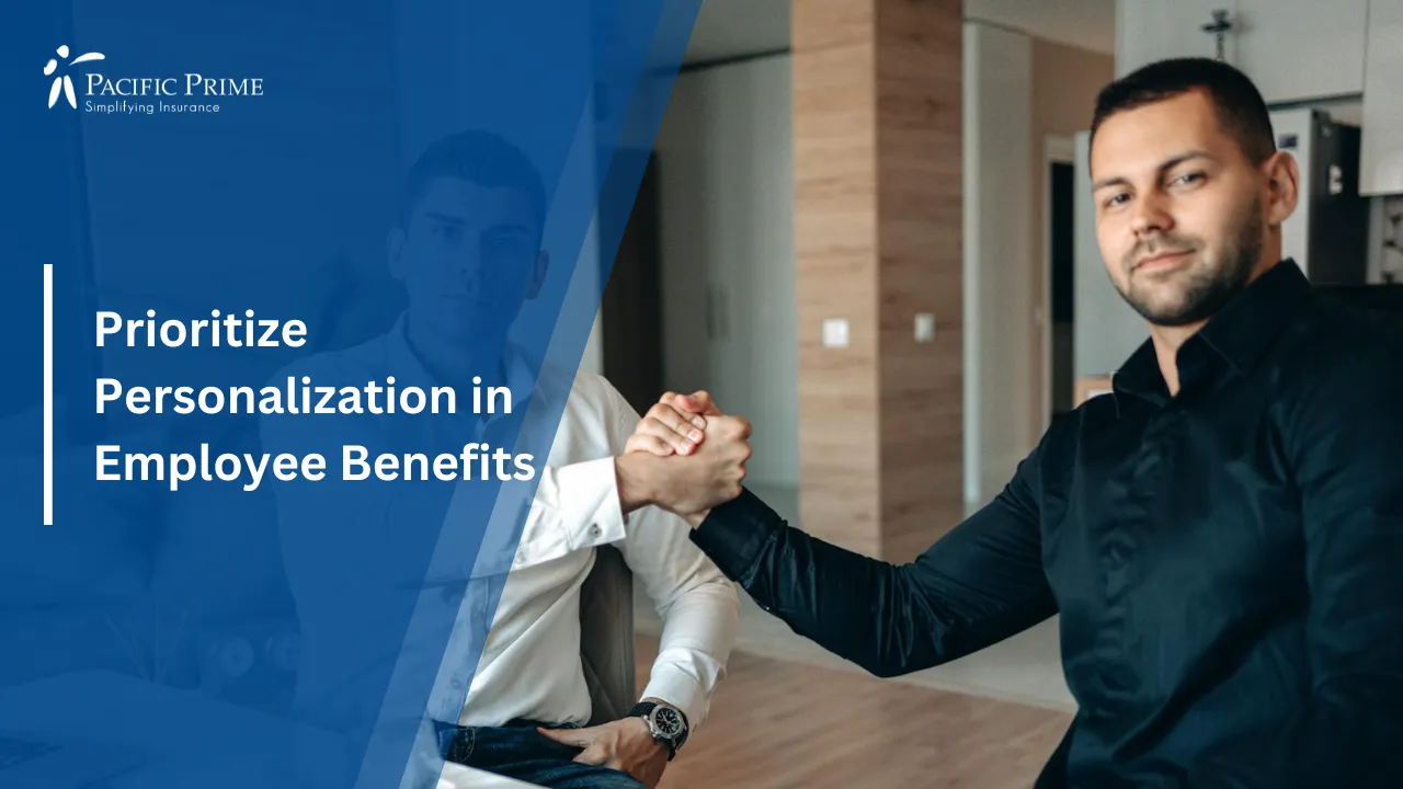 Image of Two Businessmen Shaking Hands In A Corporate Environment with text overlay of "Prioritize Personalization in Employee Benefits"