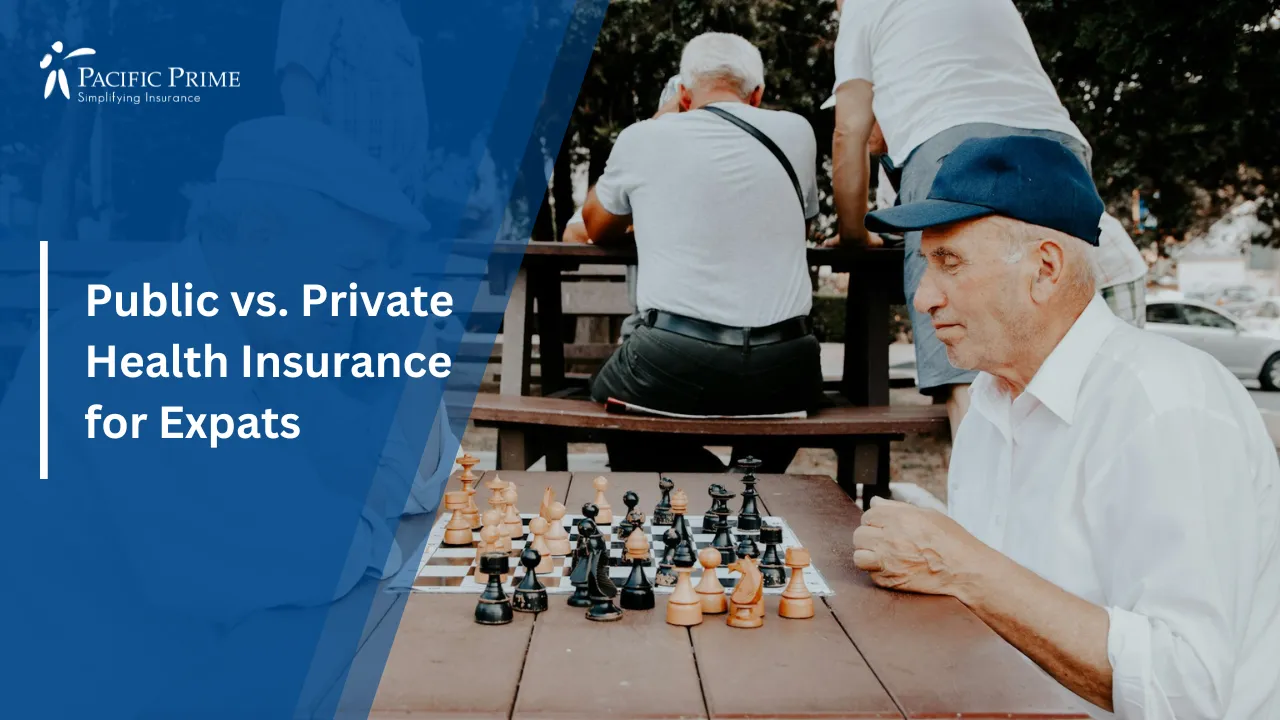 Image of Two Elderly Men Playing Chess At An Outdoor Table with text overlay of "Public vs. Private Health Insurance for Expats"