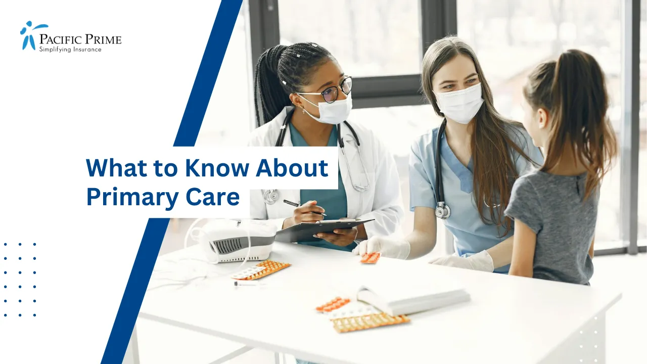 Image of Two Female Doctors In Masks Assist A Child In A Bright Medical Room with text overlay of "What to Know About Primary Care"