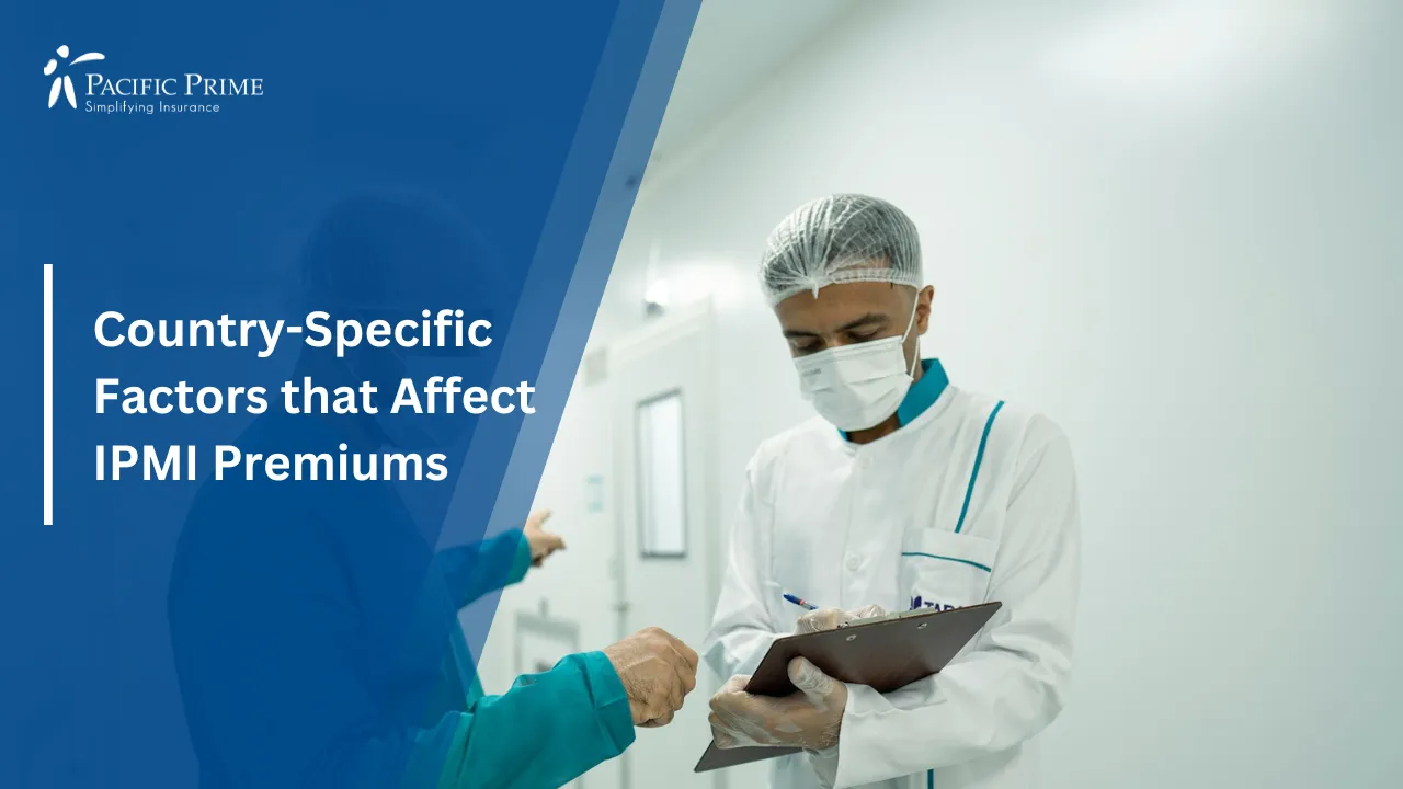 Image of Two Healthcare Professionals Discussing In A Clinical Setting with text overlay of "Country-Specific Factors that Affect IPMI Premiums"