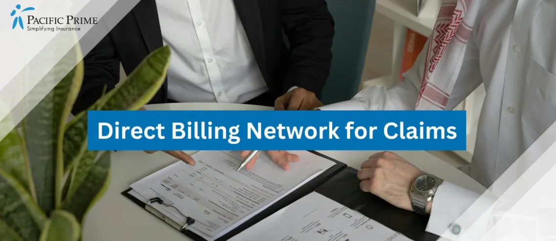 Image of Two Men Discussing Documents At A Table with text overlay of "Direct Billing Network for Claims"