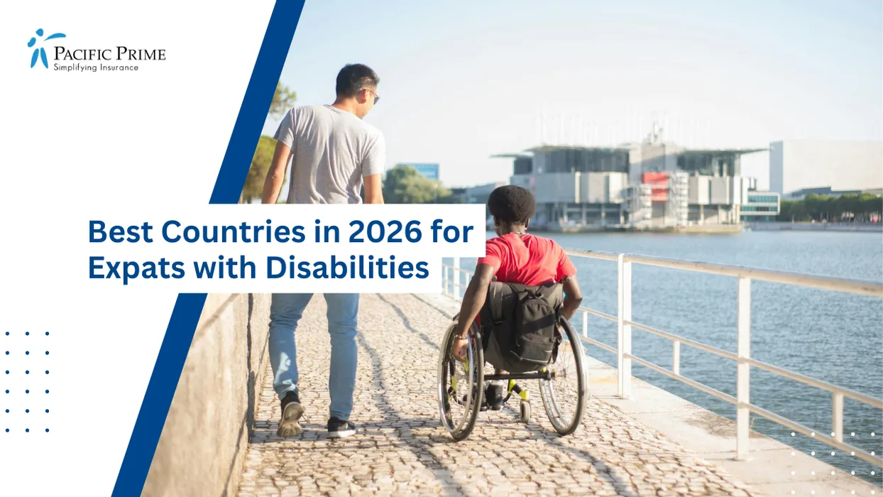 Image of Two Men Walking Beside A Riverside Path With Scenic Waterfront Views with text overlay of "Best Countries in 2026 for Expats with Disabilities"