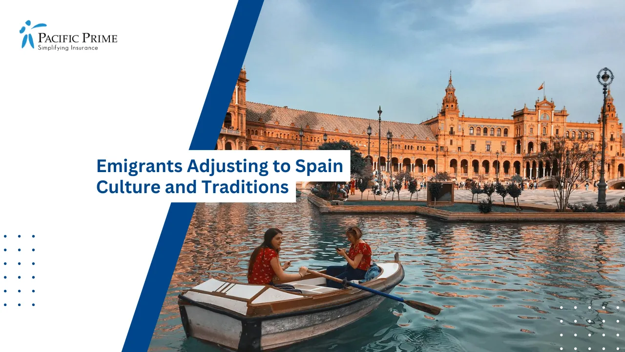 Image of Two People Boating On Calm Water In Seville, Spain with text overlay of "Emigrants Adjusting to Spain Culture and Traditions"