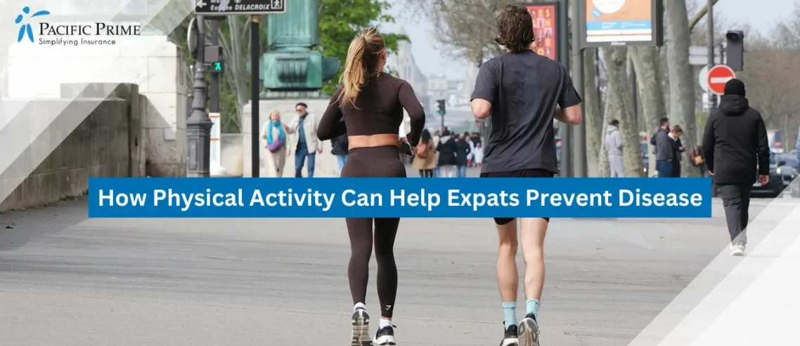 Image of Two People Jogging Together On A City Street with text overlay of "How Physical Activity Can Help Expats Prevent Disease"