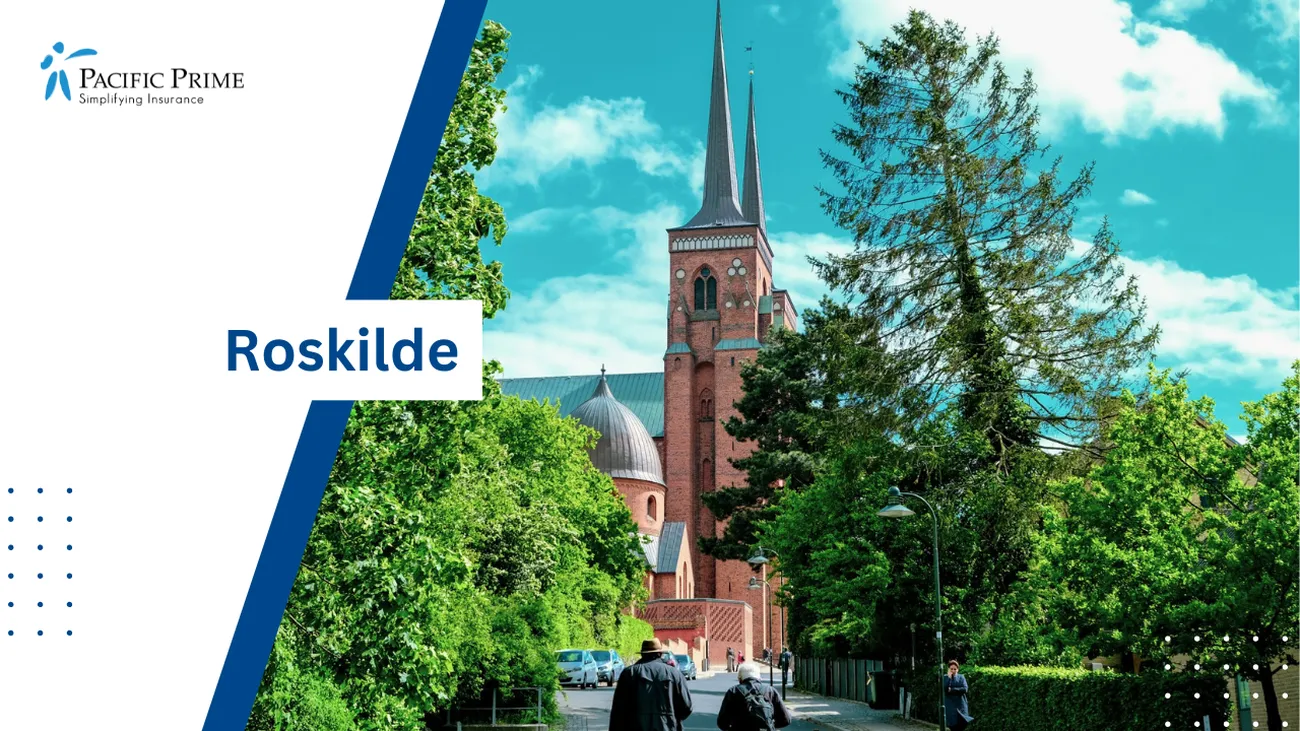 Image of Two People Walking On A Street By A Church In Roskilde, Denmark with text overlay of "Roskilde"