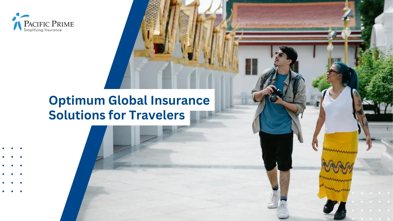 Image of Two Travelers Walking Along A City Street In Thailand with text overlay of "Optimum Global Insurance Solutions for Travelers"
