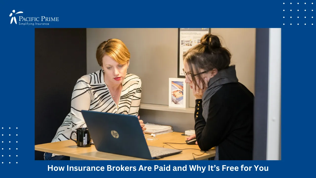 Image of Two Women Reviewing International Insurance Options On A Laptop At A Table with text overlay of "How Insurance Brokers Are Paid and Why It’s Free for You"