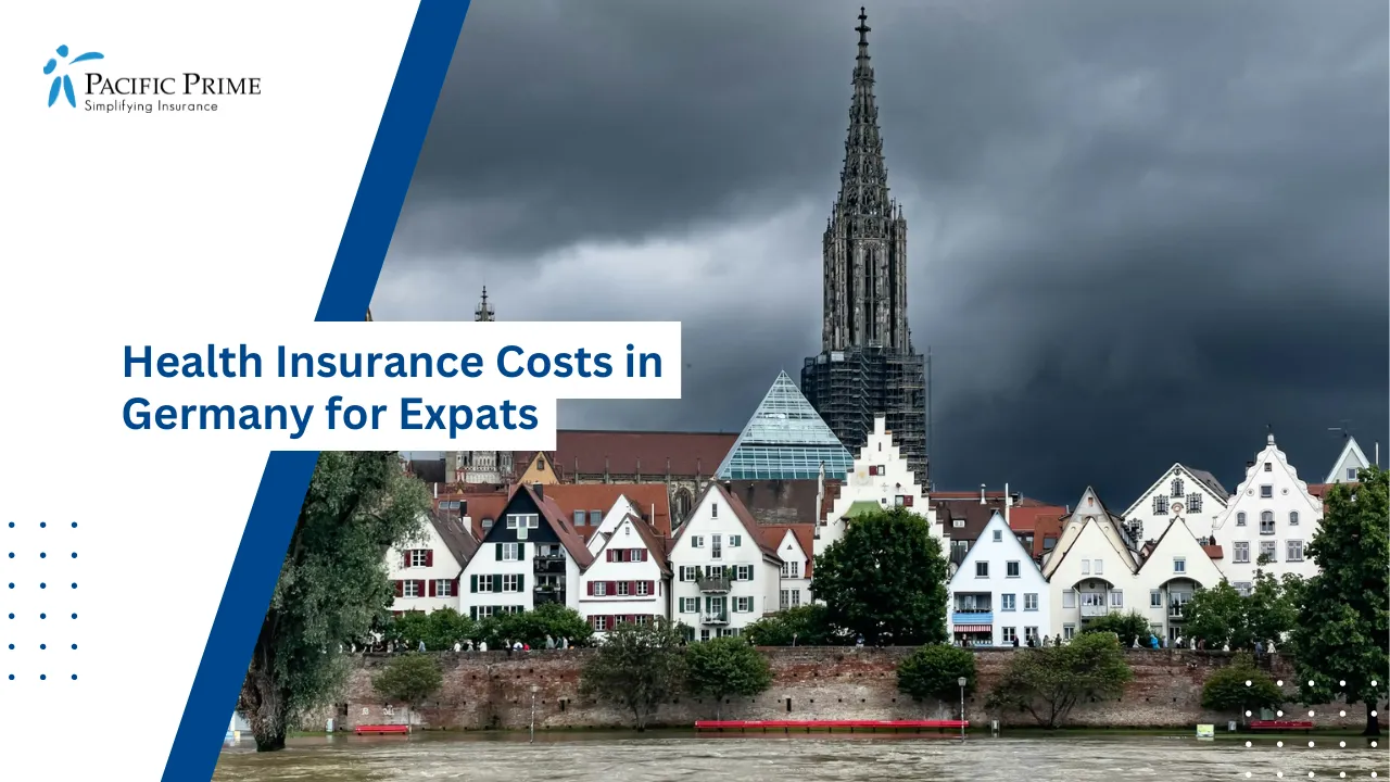 Image of Ulm Cityscape With Ulm Minster And Red-roofed Buildings By The River with text overlay of "Health Insurance Costs in Germany for Expats"
