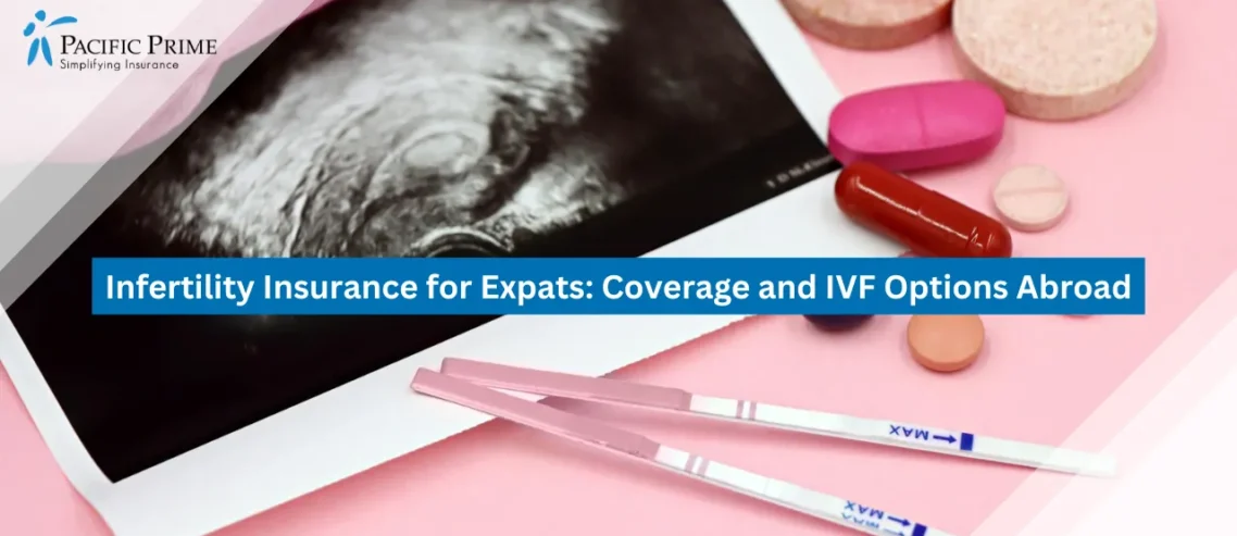 Image of Ultrasound Scan With Pregnancy Test Kit And Supplement Bottles with text overlay of "Infertility Insurance for Expats: Coverage and IVF Options Abroad"