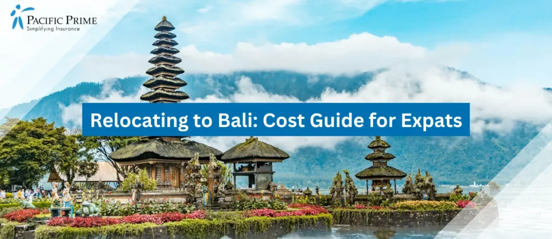 Image of Ulun Danu Beratan Temple By Lake Beratan In Tabanan, Bali, Indonesia with text overlay of "Relocating to Bali: Cost Guide for Expats"