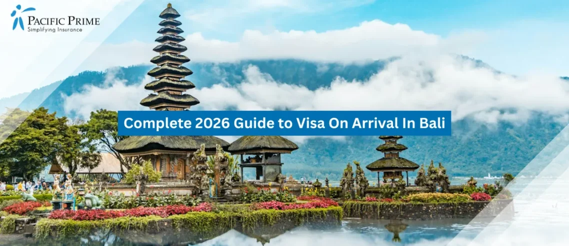 Image of Ulun Danu Beratan Temple By Lake Beratan Under A Blue, Cloudy Sky with text overlay of "Complete 2026 Guide to Visa On Arrival In Bali"