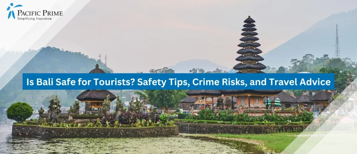 Image of Ulun Danu Beratan Temple By The Lake With Mountain Backdrop In Bali with text overlay of "Is Bali Safe for Tourists? Safety Tips, Crime Risks, and Travel Advice"