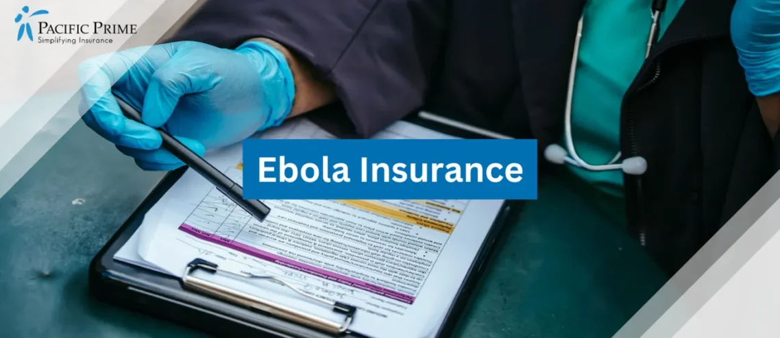 Image of Uniformed Physician Reviews Document On Table with text overlay of "Ebola Insurance"
