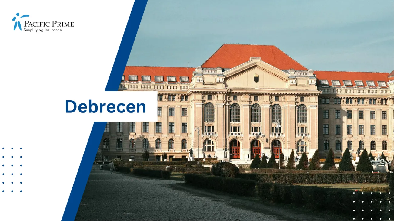 Image of University Of Debrecen Campus In Hungary with text overlay of "Debrecen"