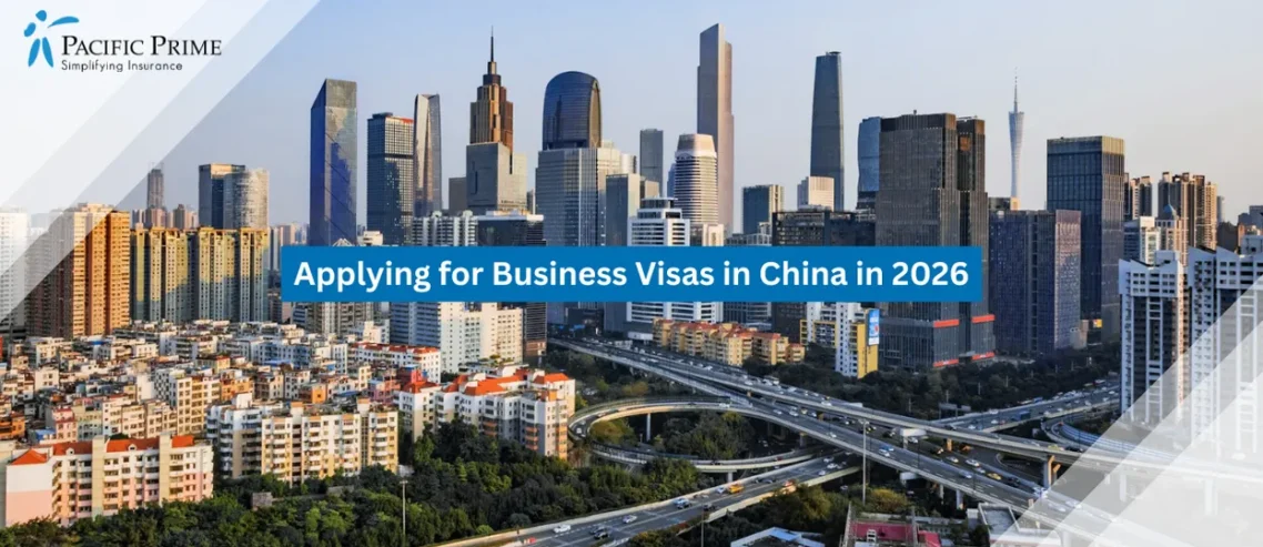 Image of Urban Skyline In Guangdong Beneath Clear Blue Skies During Daylight with text overlay of "Applying for Business Visas in China in 2026"