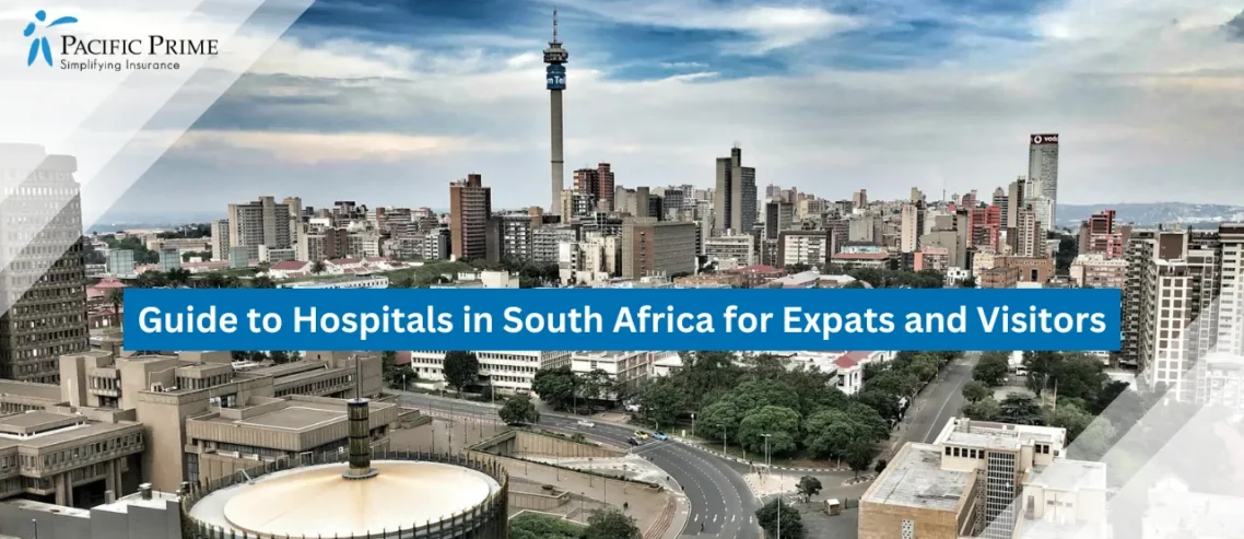 Image of Urban Skyline Of Johannesburg Captured In Daylight From An Aerial View with text overlay of "Guide to Hospitals in South Africa for Expats and Visitors"