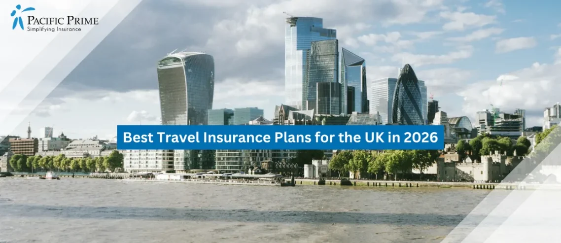 Image of Urban Skyline View Of Central London With Historic And Modern Buildings with text overlay of "Best Travel Insurance Plans for the UK in 2026"