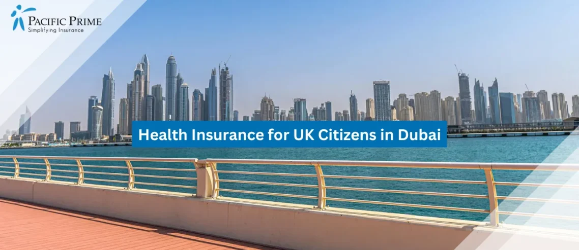 Image of Urban Skyline View Of Dubai Under Clear Sky with text overlay of "Health Insurance for UK Citizens in Dubai"