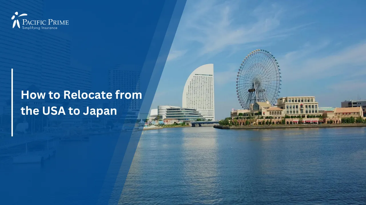 Image of Urban Skyline With City Buildings Under A Blue Sky In Yokohama, Japan with text overlay of "How to Relocate from the USA to Japan"