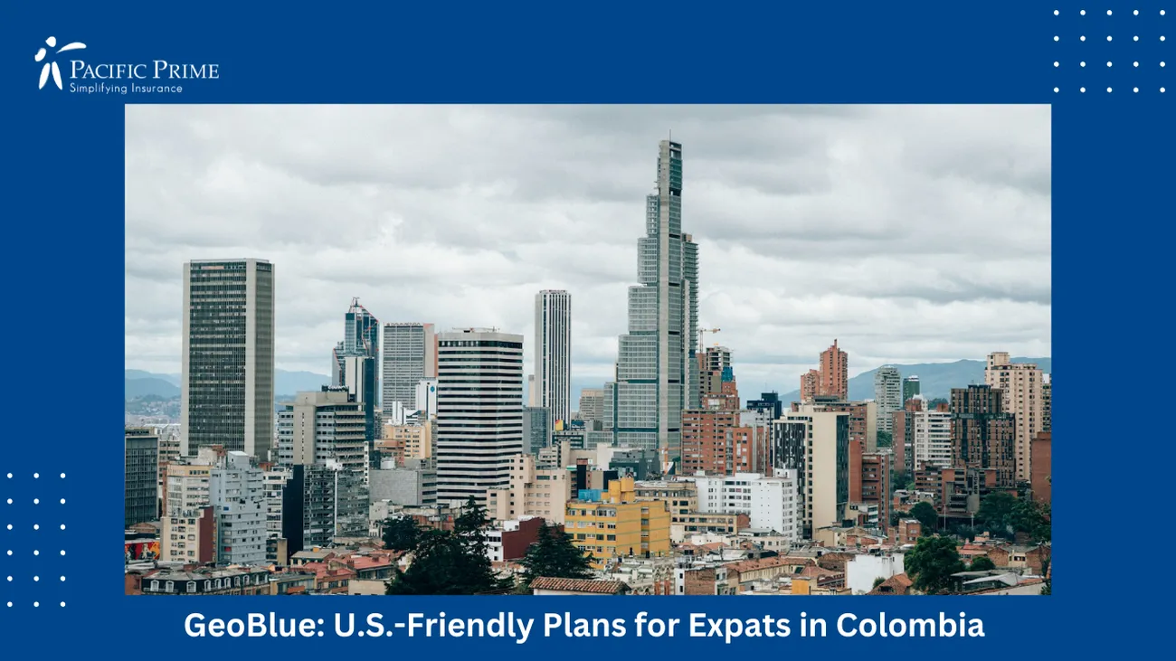 Image of Urban Skyline With High-rise Buildings In Bogota, Colombia with text overlay of "GeoBlue: Comprehensive U.S.-Friendly Plans for Expats in Colombia"