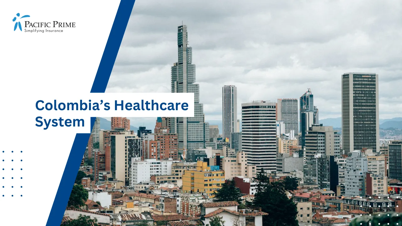 Image of Urban Skyline With Tall Buildings In Bogota, Colombia with text overlay of "Colombia’s Healthcare System"