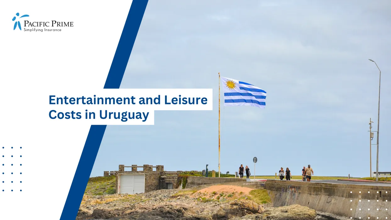 Image of Uruguayan Flag Flying By The Sea In Punta Del Este, Maldonado Department with text overlay of "Entertainment and Leisure Costs in Uruguay"