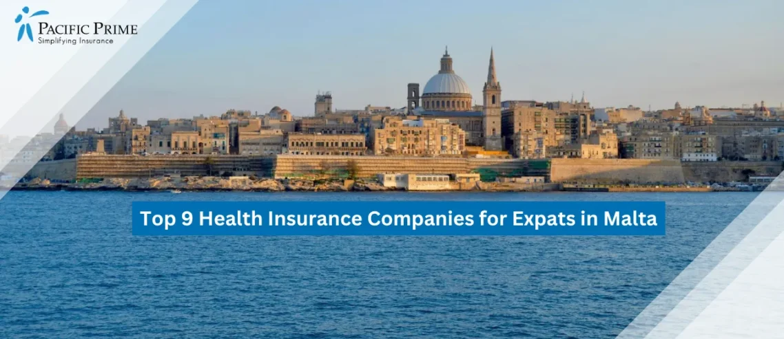 Image of Valletta’s Historic Skyline And Landmark Architecture Beneath A Clear Blue Sky with text overlay of "Top 9 Health Insurance Companies for Expats in Malta"