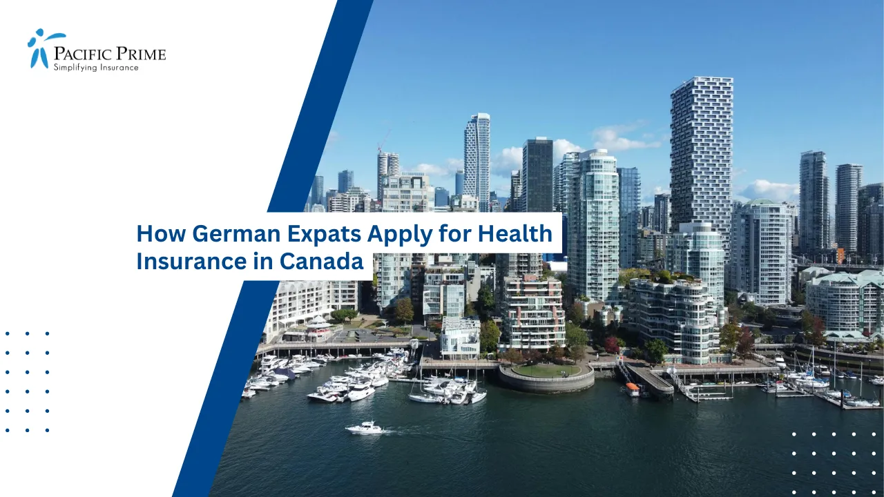 Image of Vancouver Skyline With Waterfront Scenery with text overlay of "How German Expats Apply for Health Insurance in Canada"