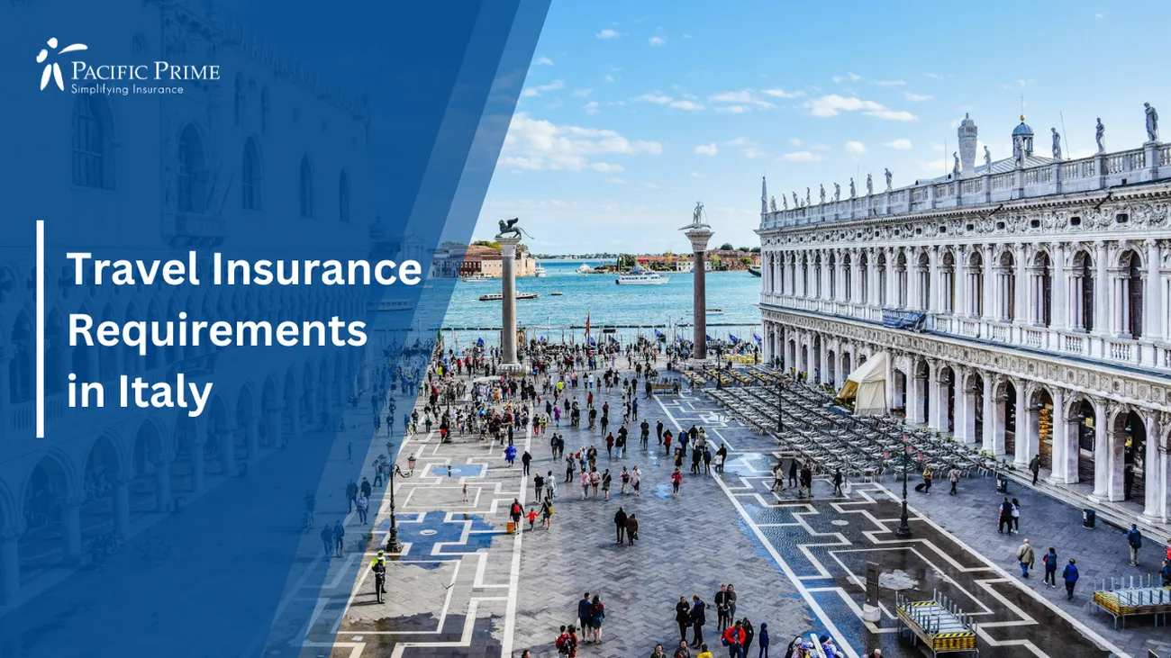 Image of Venice Courtyard With Historic Buildings And Water Backdrop with text overlay of "Travel Insurance Requirements in Italy"