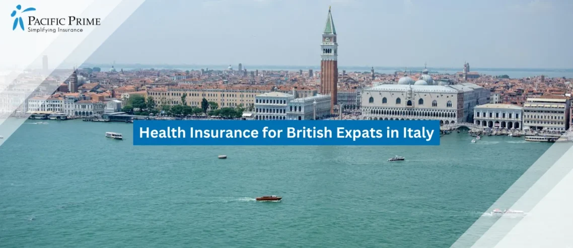 Image of Venice Waterfront With Historic Buildings In The Distance with text overlay of "Health Insurance for British Expats in Italy"