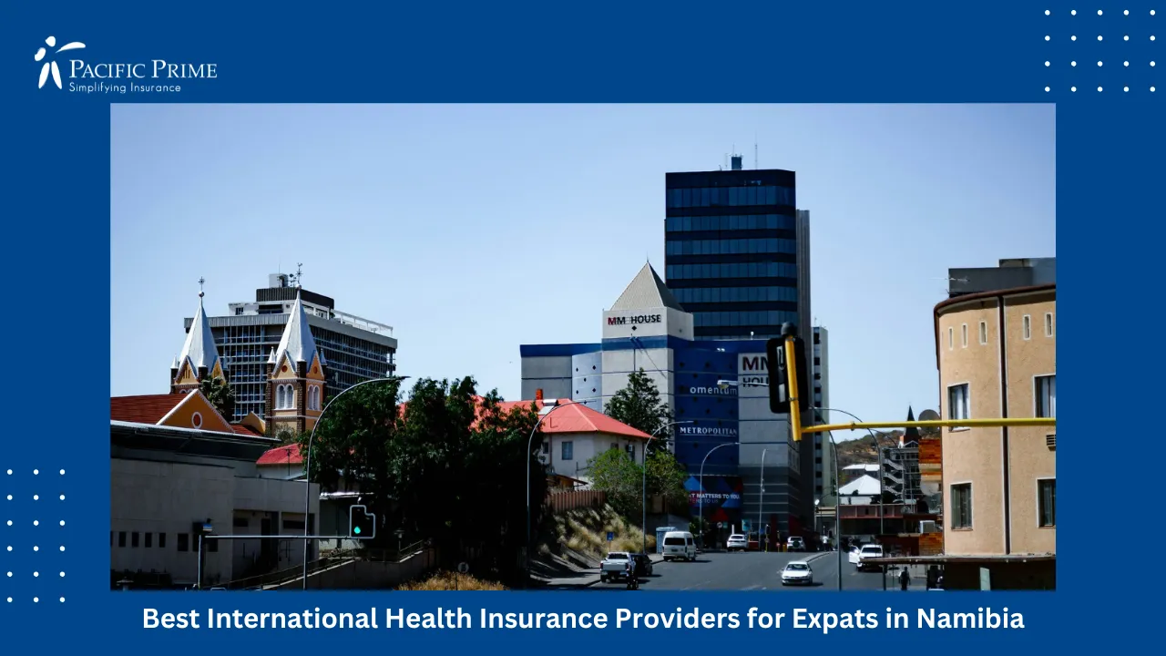 Image of Vibrant Cityscape Of Windhoek, Namibia with text overlay of "Best International Health Insurance Providers for Expats in Namibia"