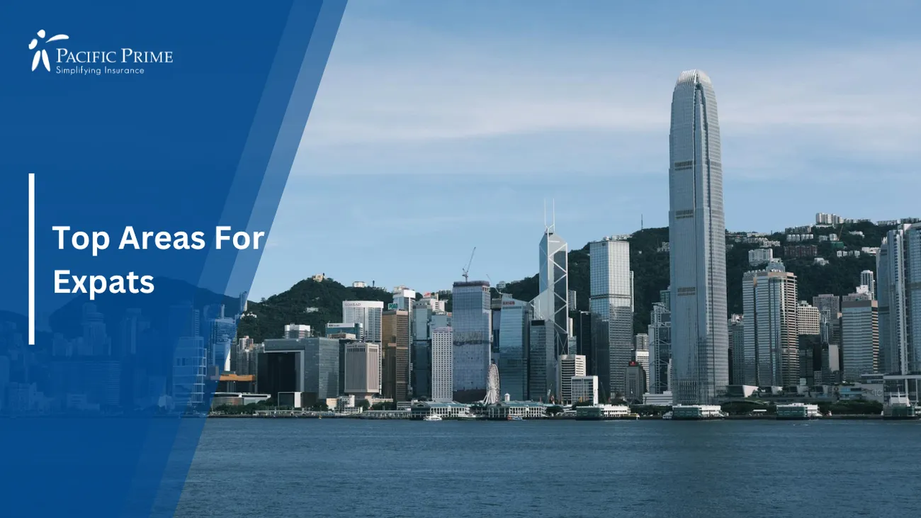 Image of Vibrant Hong Kong Skyline Over Kowloon Seen From The Water with text overlay of "Top Areas For Expats"