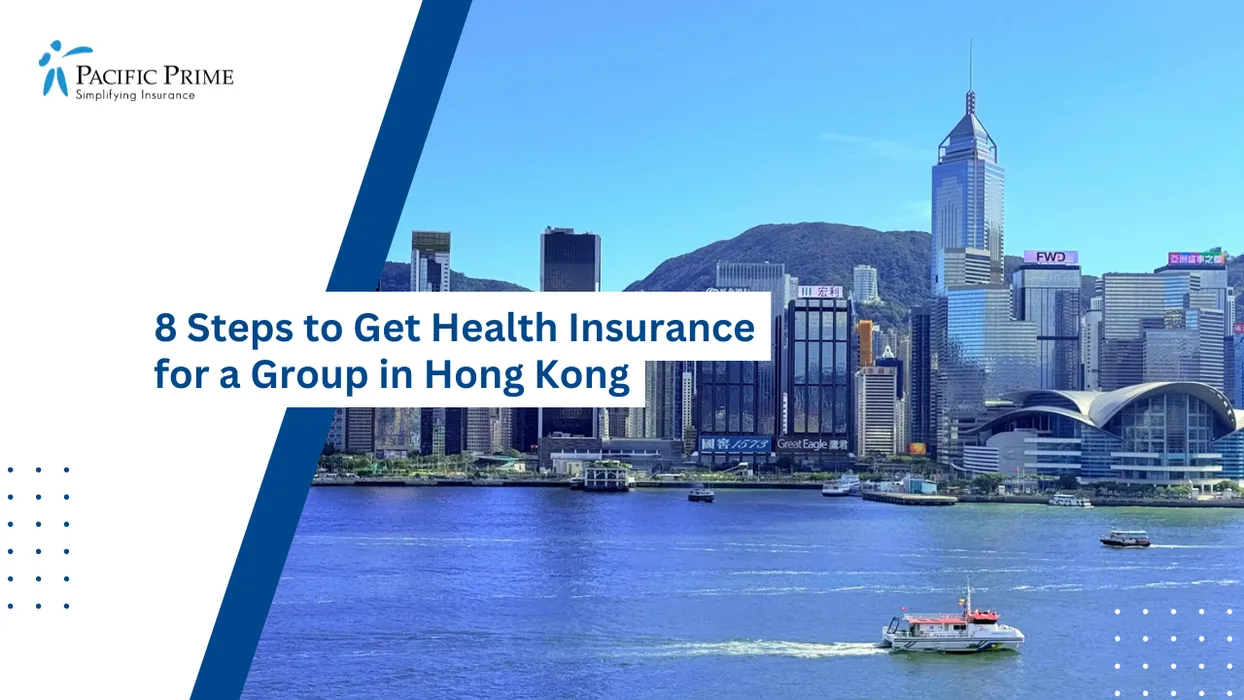Image of Victoria Harbour View With Hong Kong Island Skyline And Waterfront Scenery with text overlay of "8 Steps to Get Health Insurance for a Group in Hong Kong"