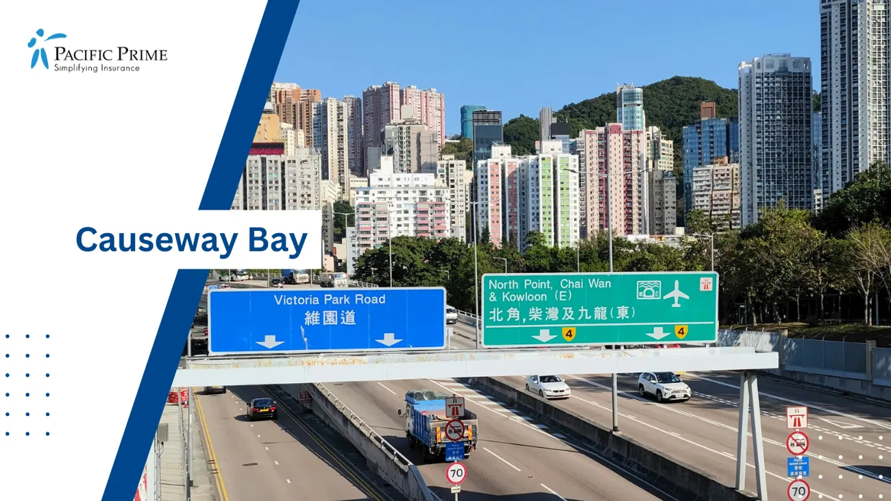 Image of Victoria Park Road & Island Eastern Corridor In Causeway Bay, Hong Kong with text overlay of "Causeway Bay"