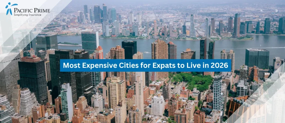 Image of View Across New York City From The Empire State Building Observation Deck with text overlay of "Most Expensive Cities for Expats to Live in 2026"