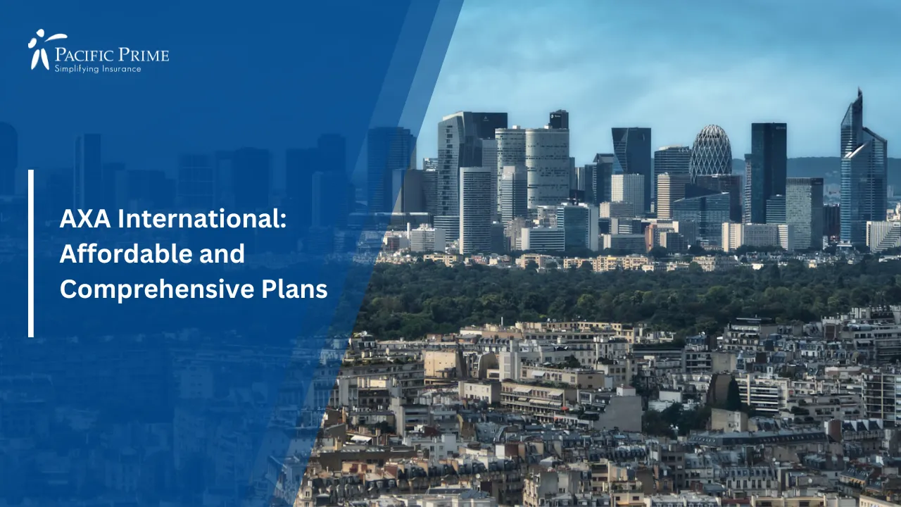 Image of View Of La Défense From Parc André Citroën Balloon, Paris with text overlay of "AXA International: Affordable and Comprehensive Plans"
