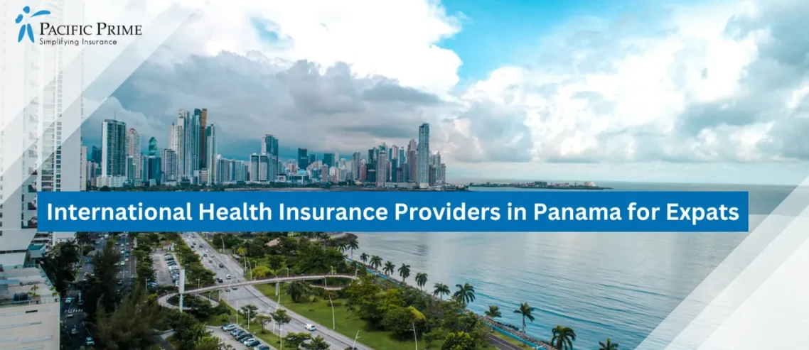 Image of View Of Large Water Body With City Skyline Along Av. Balboa, Panamá with text overlay of "International Health Insurance Providers in Panama for Expats"