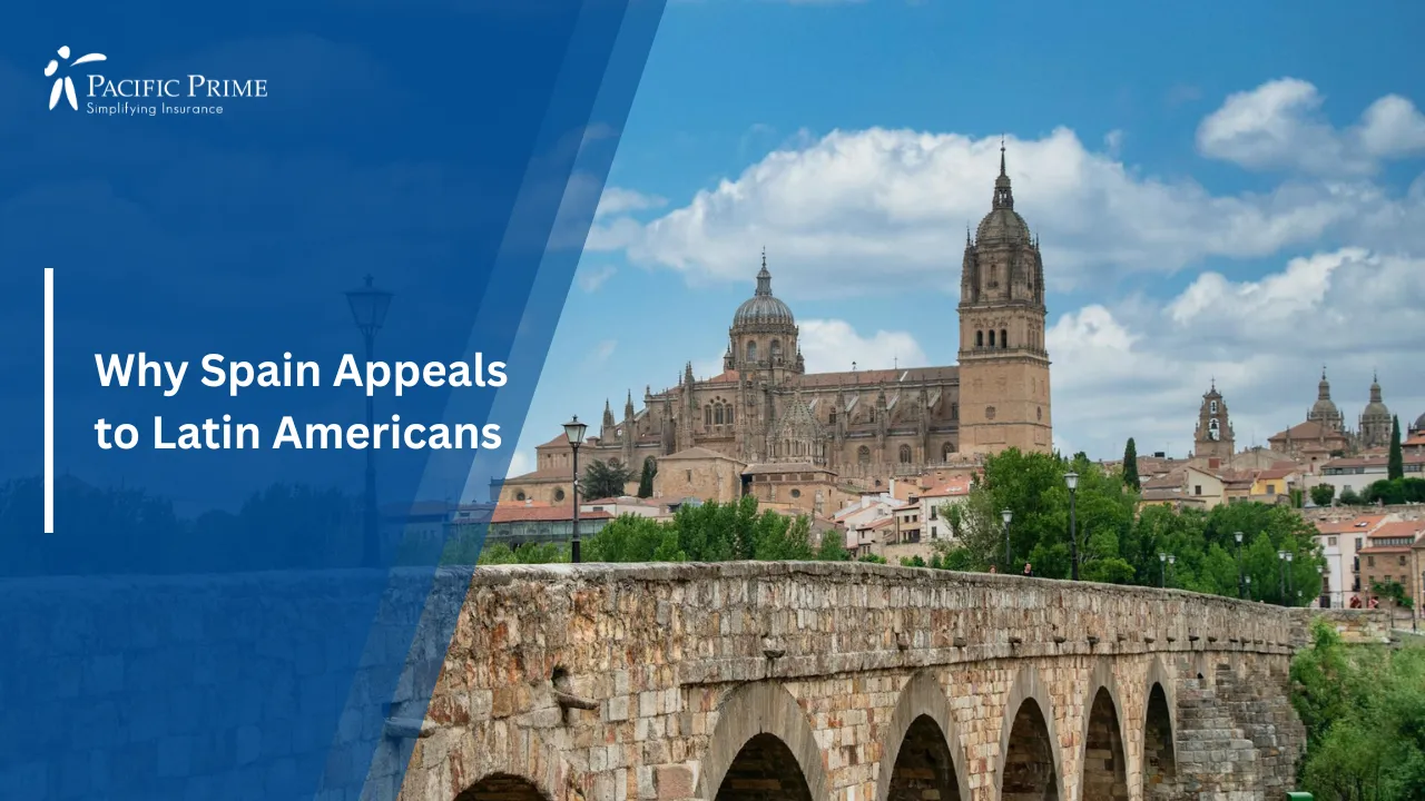 Image of View Of Salamanca Cathedral And Historic Roman Bridge In Spain with text overlay of "Why Spain Appeals to Latin Americans"