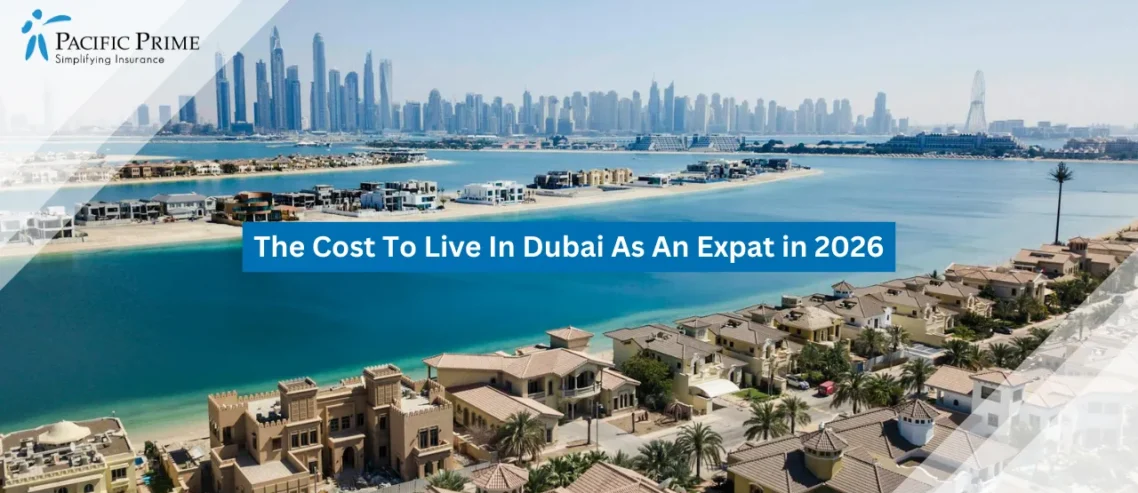 Image of Villas Set Against Dubai’s Modern Skyscraper Skyline with text overlay of "The Cost To Live In Dubai As An Expat in 2026"