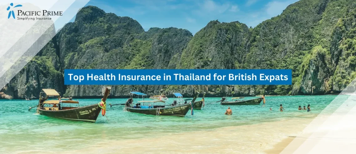 Image of Visitors Boarding A Longtail Boat Along Phi Phi’s Sandy Shoreline with text overlay of "Top Health Insurance in Thailand for British Expats"