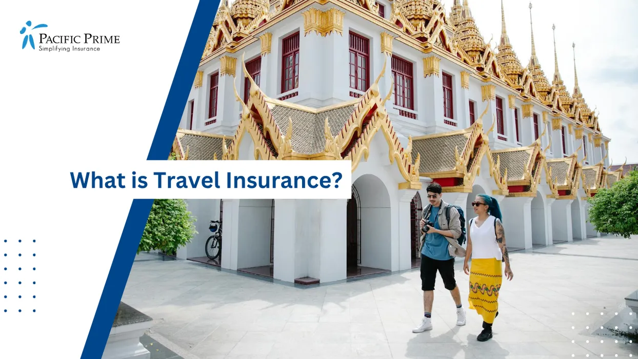 Image of Visitors Exploring Loha Prasat Temple Complex In Central Bangkok City with text overlay of "What is Travel Insurance?"