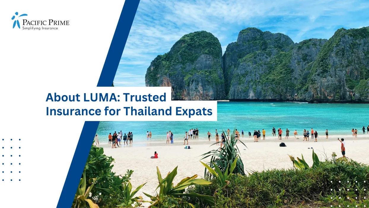 Image of Visitors Gathered Along A White Sandy Shoreline Overlooking Clear Waters In Phuket, Thailand with text overlay of "About LUMA: Trusted Insurance for Thailand Expats"