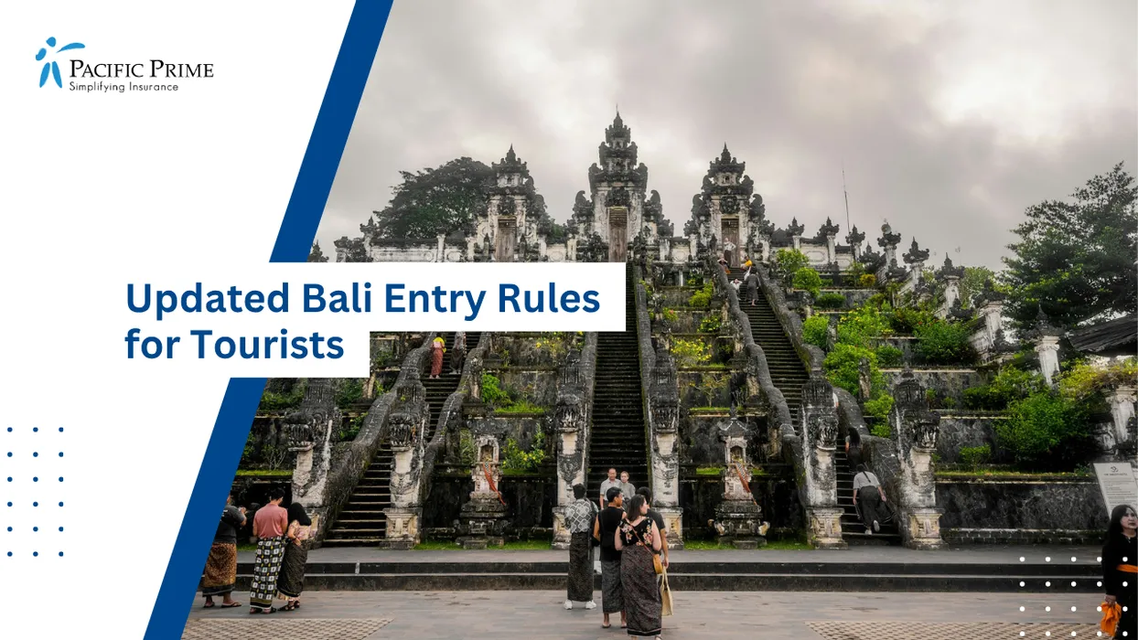 Image of Visitors Gathered At Lempuyang Temple Gates With Mountain Backdrop In Bali with text overlay of "Updated Bali Entry Rules for Tourists"