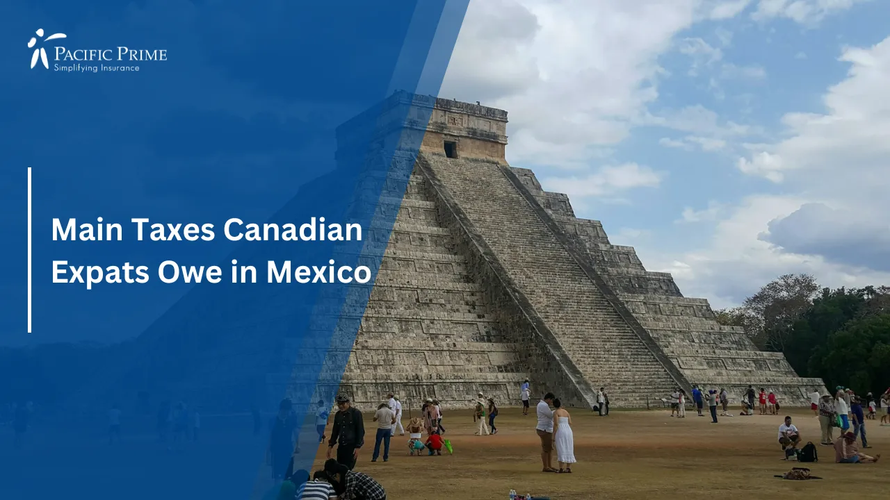 Image of Visitors Gathered In Front Of El Castillo Pyramid At Chichen Itza, Mexico with text overlay of "Main Taxes Canadian Expats Owe in Mexico"