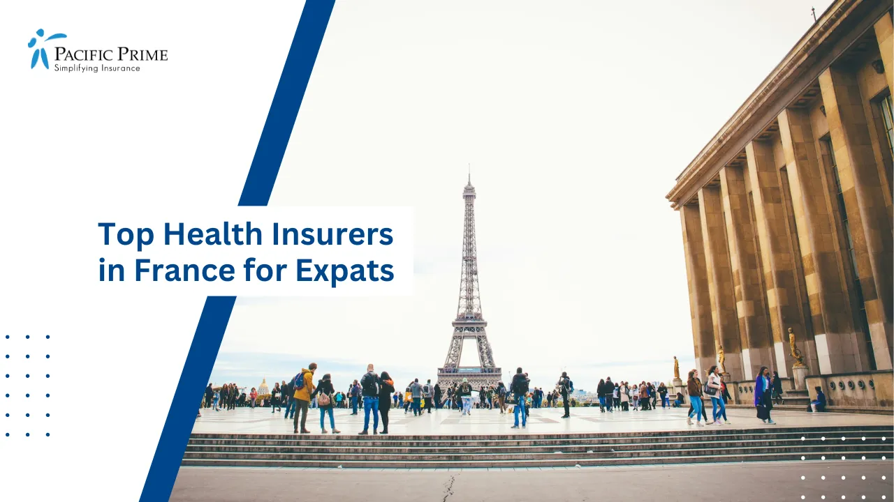 Image of Visitors Gathered Near The Eiffel Tower In Paris, France with text overlay of "Top Health Insurers in France for Expats"