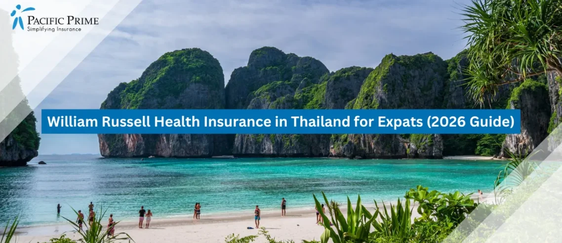 Image of Visitors Relaxing Along Maya Bay’s Sandy Shore With Turquoise Waters And Cliffs with text overlay of "William Russell Health Insurance in Thailand for Expats (2026 Guide)"