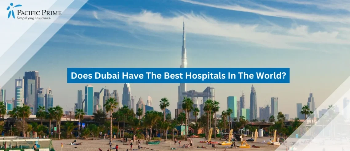 Image of Visitors Relaxing Along The Sandy Shoreline Of Jumeirah Beach In Dubai, UAE with text overlay of "Does Dubai Have The Best Hospitals In The World?"