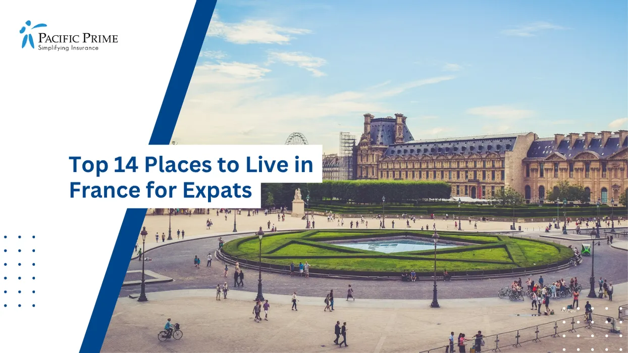 Image of Visitors Relaxing In A Paris Plaza Beside A Grand Historic Building with text overlay of "Top 14 Places to Live in France for Expats"