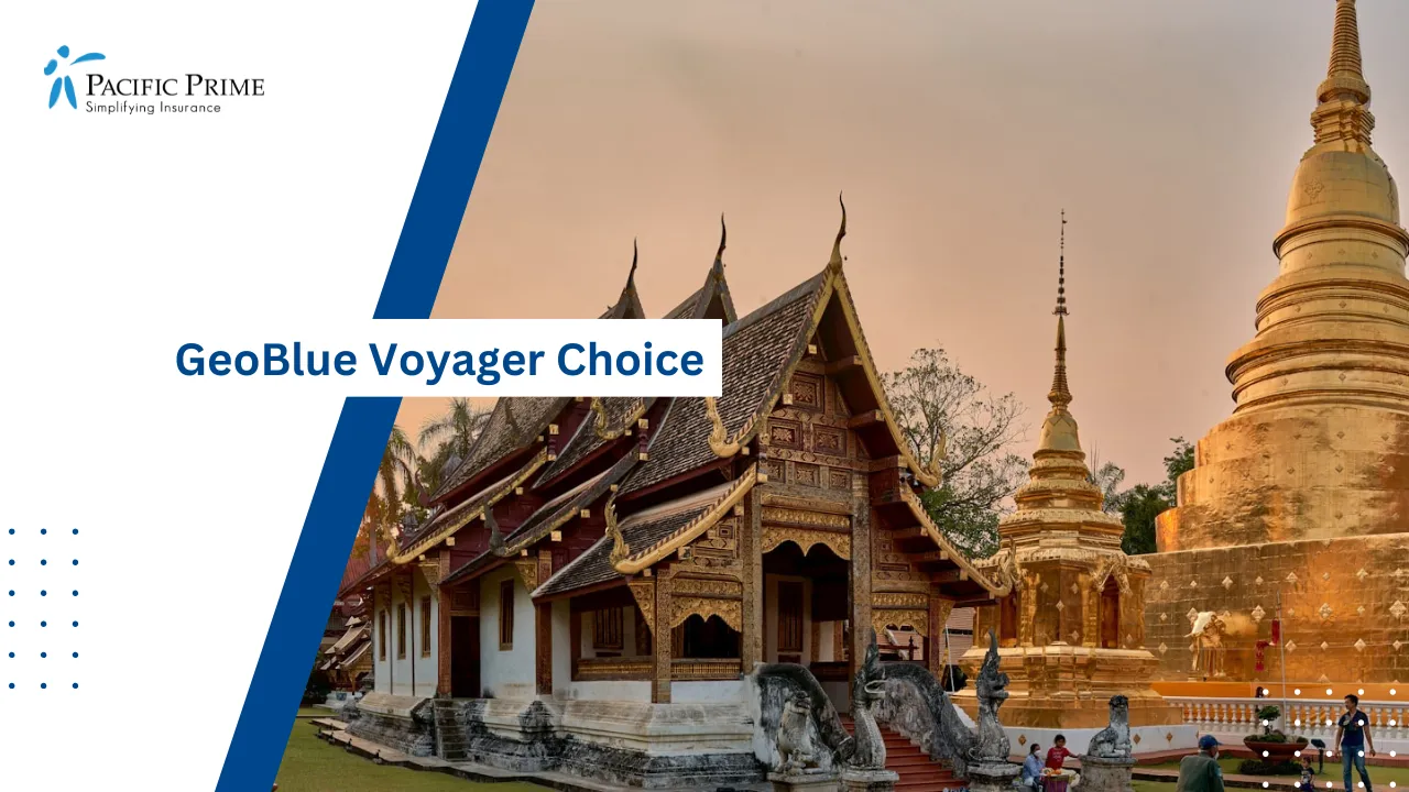 Image of Visitors Standing In Front Of A Building In Chiang Mai District with text overlay of "GeoBlue Voyager Choice"