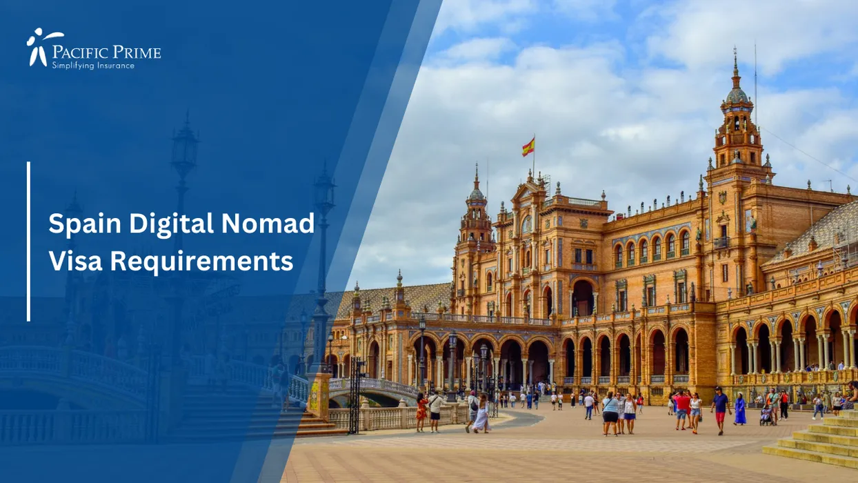Image of Visitors Strolling Across The Grand Plaza Courtyard At Seville’s Plaza De España In Andalusia with text overlay of "Spain Digital Nomad Visa Requirements"